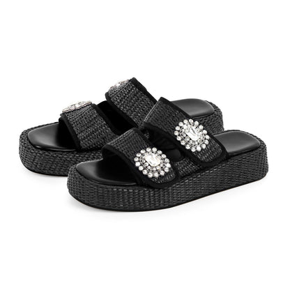 Rhinestone Square Toe Straw Platform Slippers