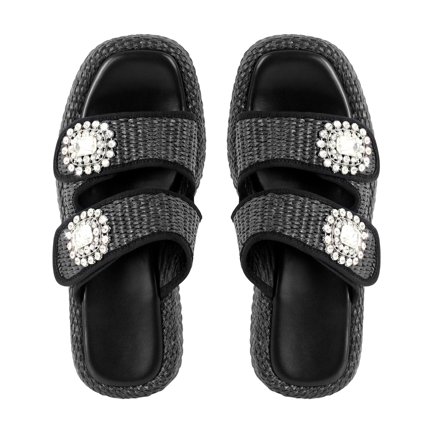 Rhinestone Square Toe Straw Platform Slippers