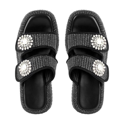 Rhinestone Square Toe Straw Platform Slippers