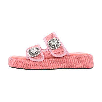 Rhinestone Square Toe Straw Platform Slippers