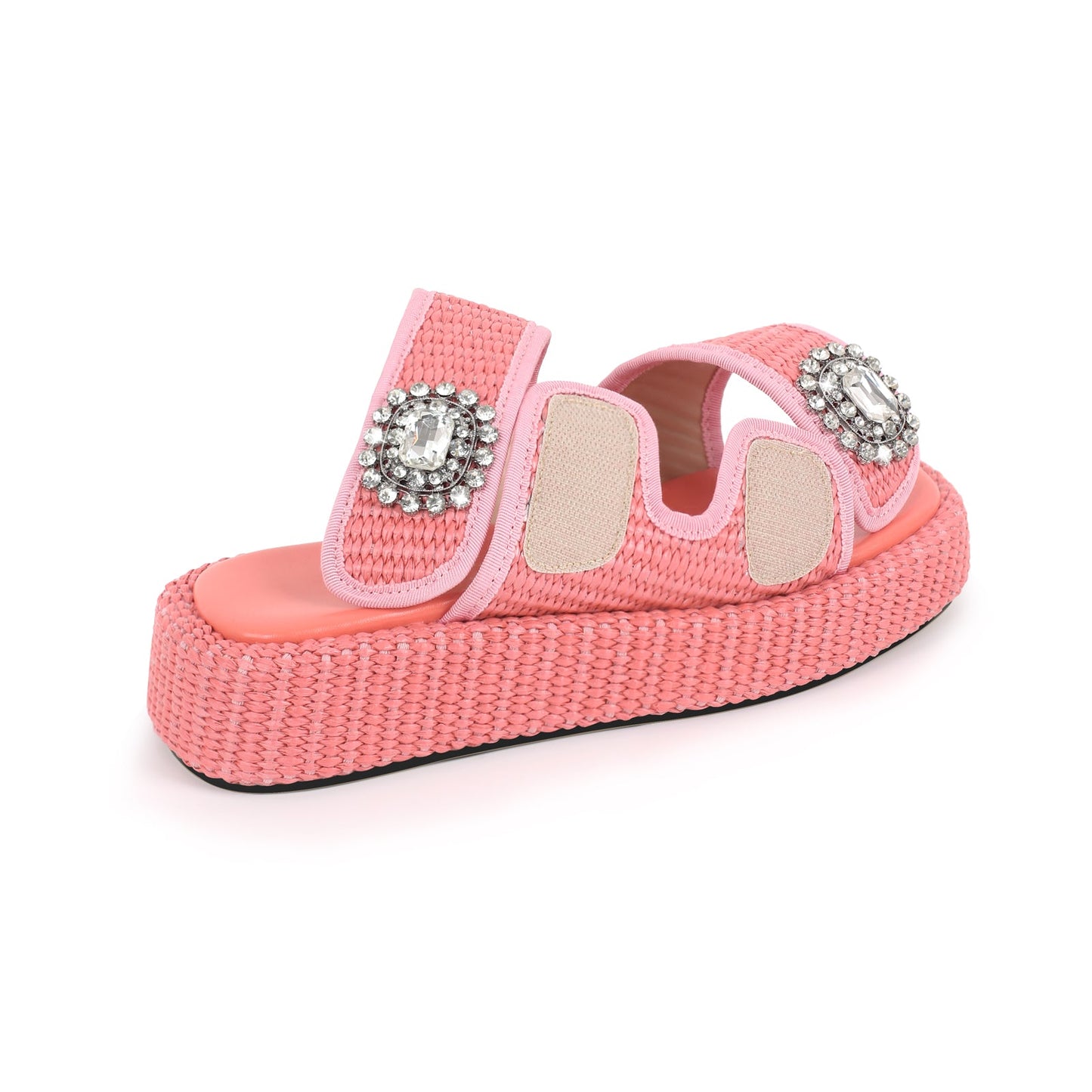 Rhinestone Square Toe Straw Platform Slippers