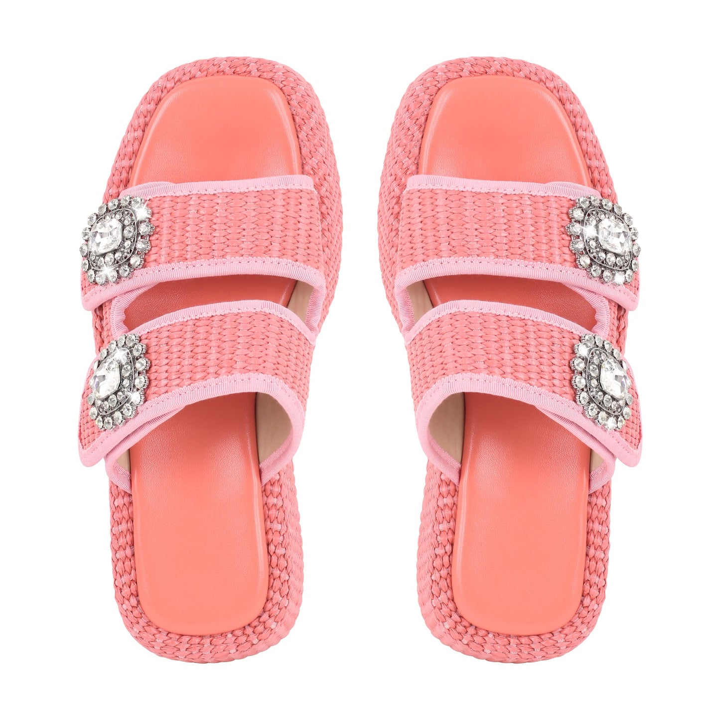 Rhinestone Square Toe Straw Platform Slippers