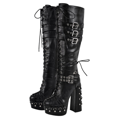 Buckle Lace-up Platform Knee High Boots