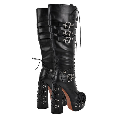 Buckle Lace-up Platform Knee High Boots