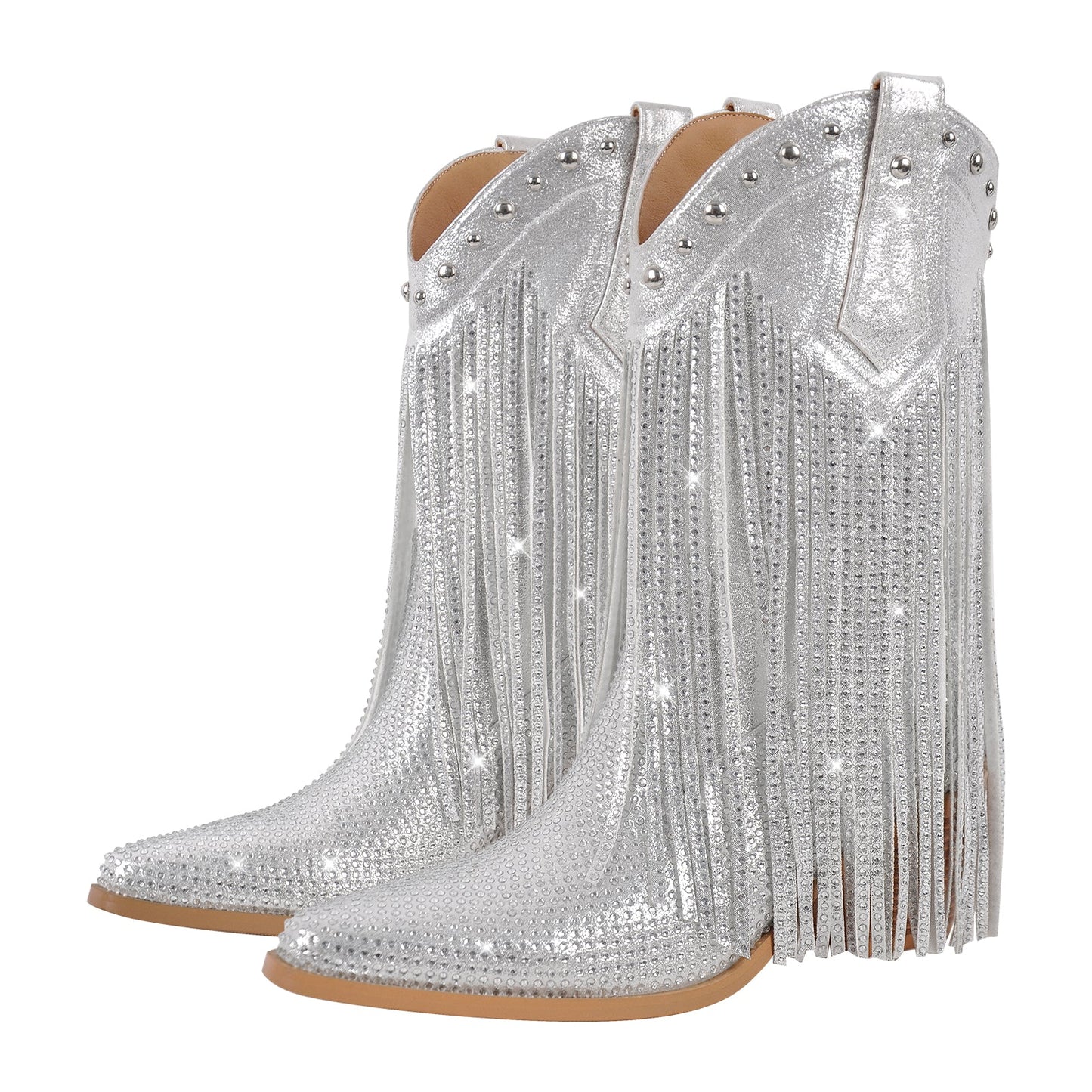 Rhinestone Pointed Toe Fringe Mid-Calf Western Boots