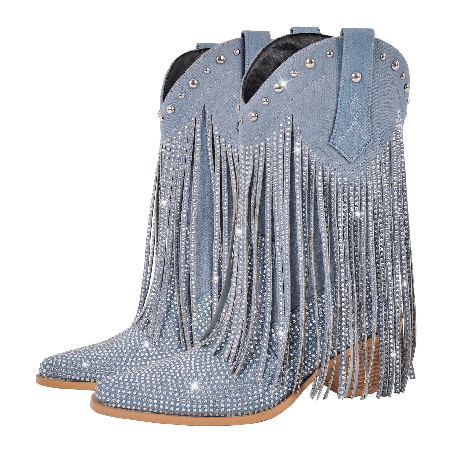 Rhinestone Pointed Toe Fringe Mid-Calf Western Boots