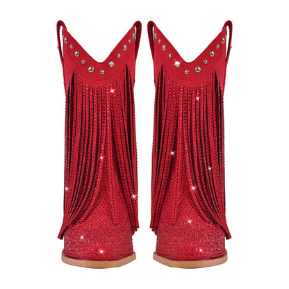 Rhinestone Pointed Toe Fringe Mid-Calf Western Boots