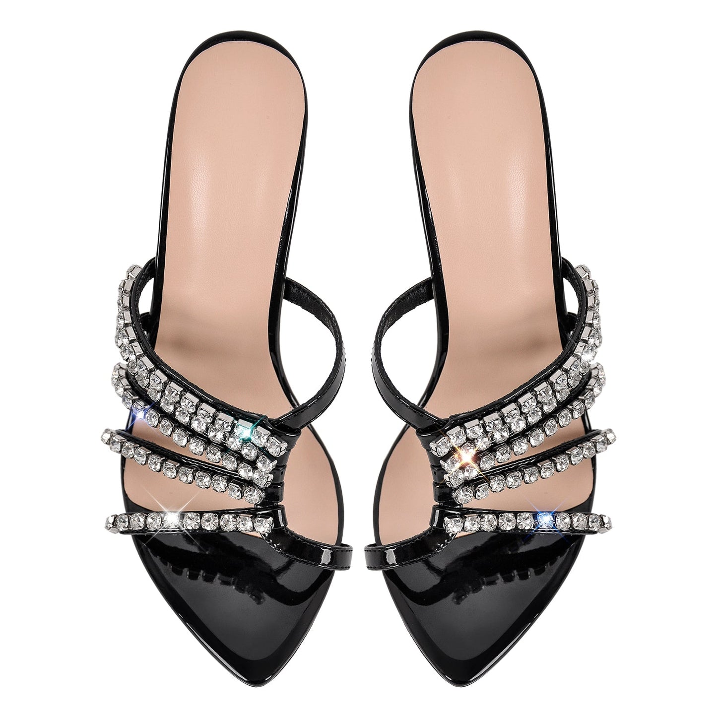 Rhinestone Pointed Toe Strap Stiletto Sandals Mules