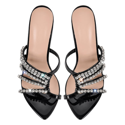 Rhinestone Pointed Toe Strap Stiletto Sandals Mules