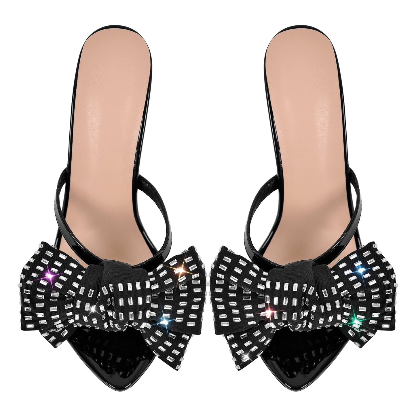 Rhinestone Pointed Toe Bow Stiletto Sandals Mules