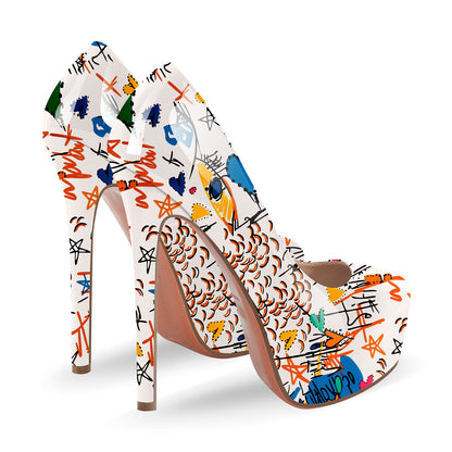 Graffiti Colorful Round Toe Platform Stiletto Pumps