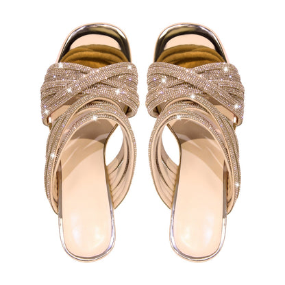 Rhinestone Round Toe Stiletto Sandals Mules