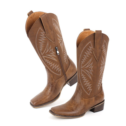 Embroidery Square Toe Split Joint Mid-Calf Western Boots