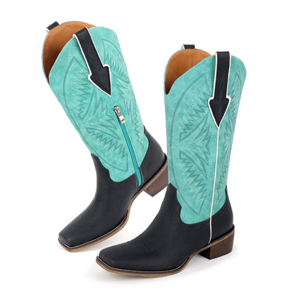 Embroidery Square Toe Split Joint Mid-Calf Western Boots