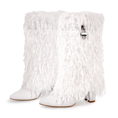 Fur Pointed Toe Chunky Heel Mid-Calf Boots