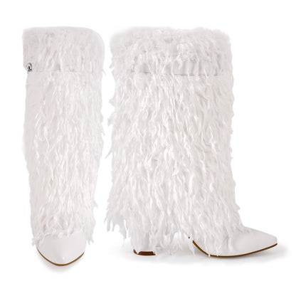 Fur Pointed Toe Chunky Heel Mid-Calf Boots