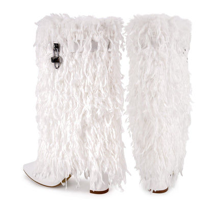 Fur Pointed Toe Chunky Heel Mid-Calf Boots