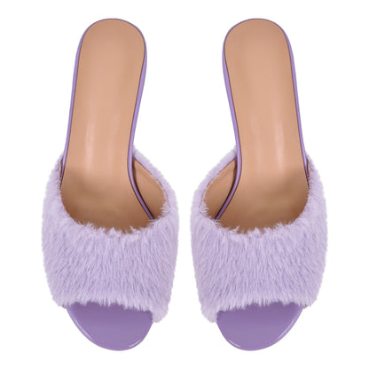 Round Toe Chunky Heel Fur Sandals Mules