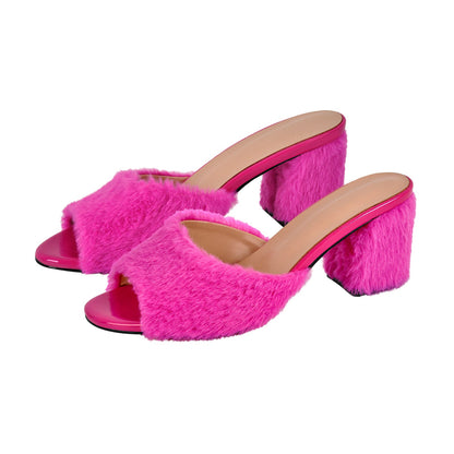 Round Toe Chunky Heel Fur Sandals Mules