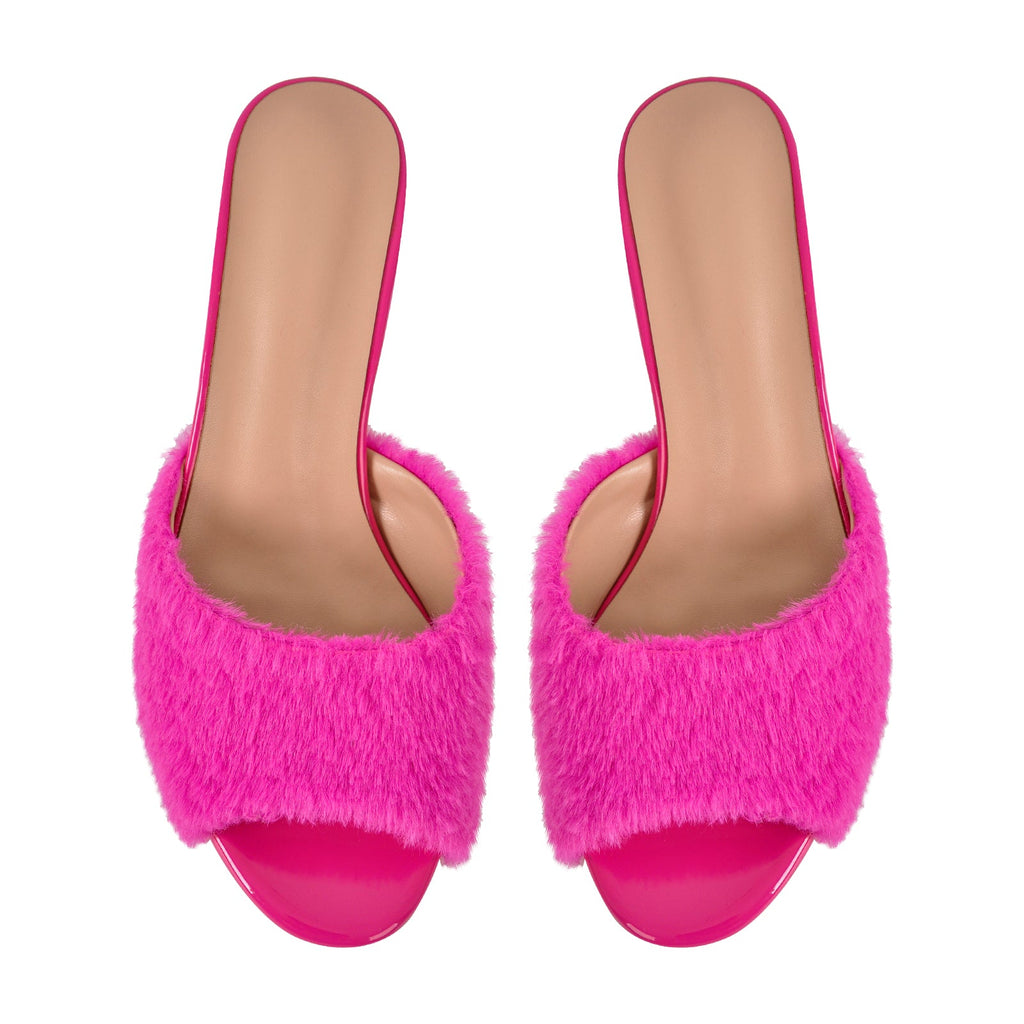 Round Toe Chunky Heel Fur Sandals Mules