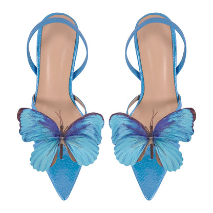 Butterfly Pointed Toe Clear Heel Slingback Sandals