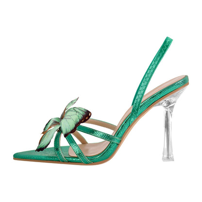 Butterfly Pointed Toe Clear Heel Slingback Sandals