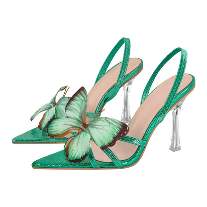 Butterfly Pointed Toe Clear Heel Slingback Sandals