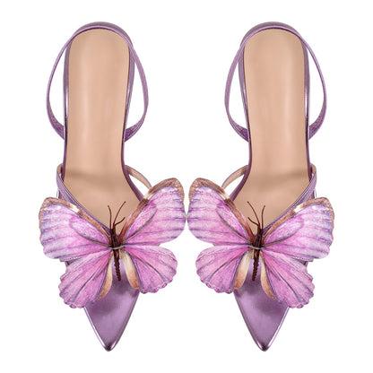 Butterfly Pointed Toe Clear Heel Slingback Sandals