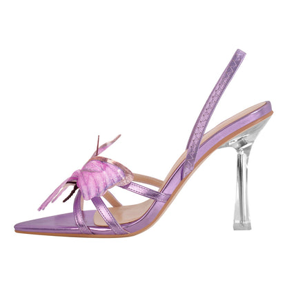 Butterfly Pointed Toe Clear Heel Slingback Sandals