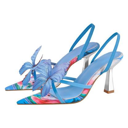 Butterfly Pointed Toe Slingback Kitten Heel Sandals