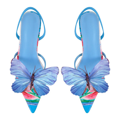 Butterfly Pointed Toe Slingback Kitten Heel Sandals