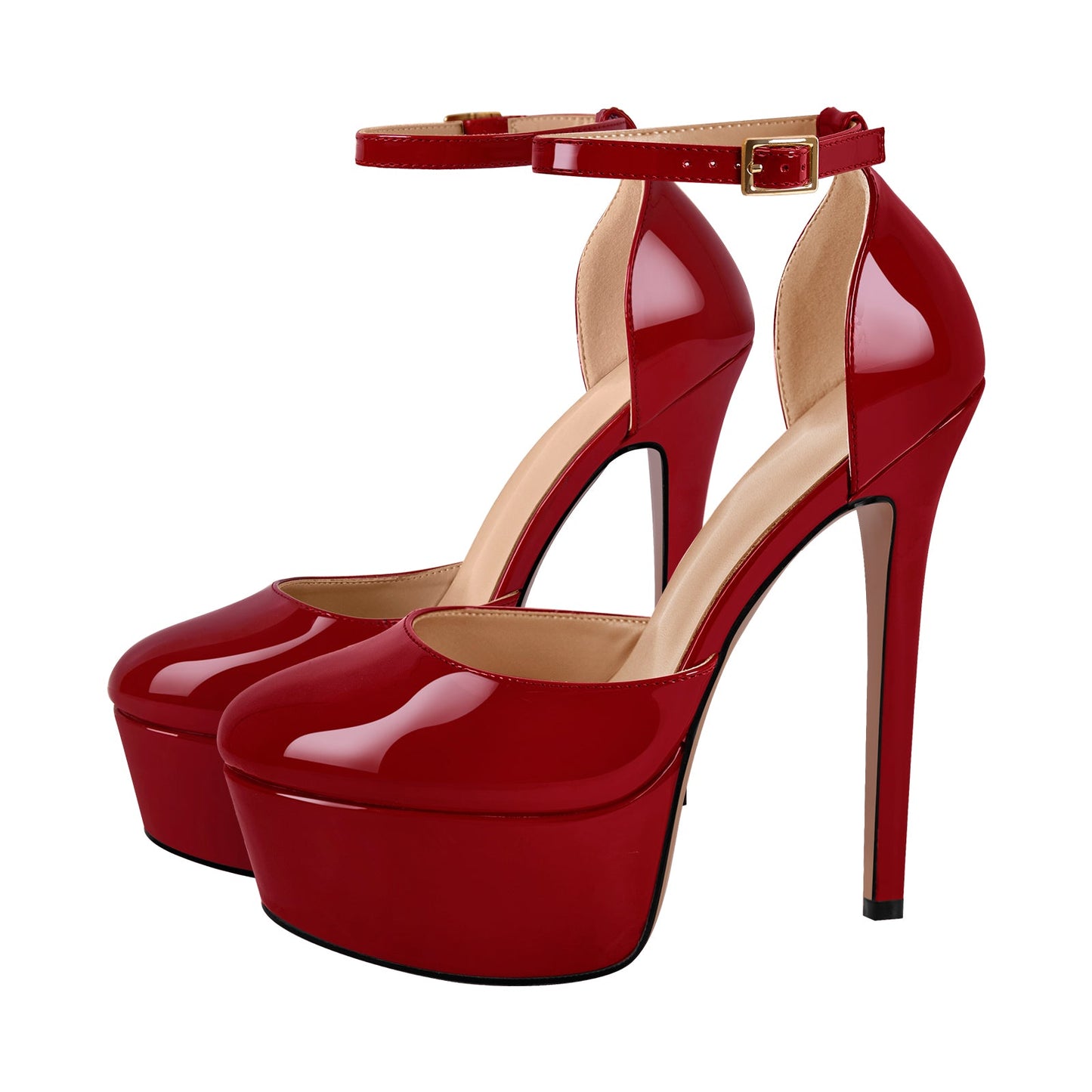 Round Toe Platform Ankle Strap Stiletto Pumps