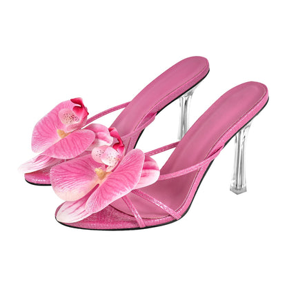 Flower Round Toe Clear Heel Thong Sandals Mules