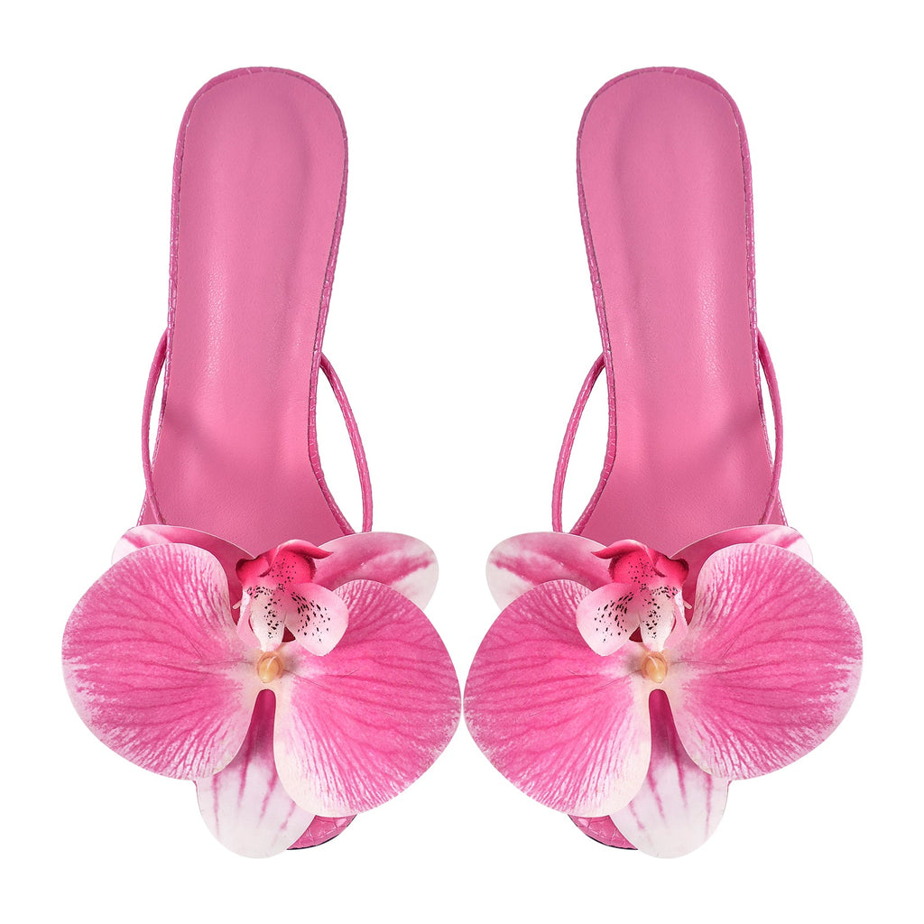 Flower Round Toe Clear Heel Thong Sandals Mules