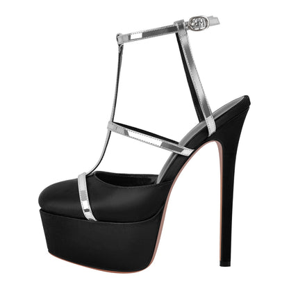 Round Toe T-Strap Platform Stiletto Pumps