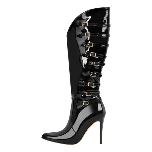 Pointed Toe Multi Buckle Stiletto Knee High Boots