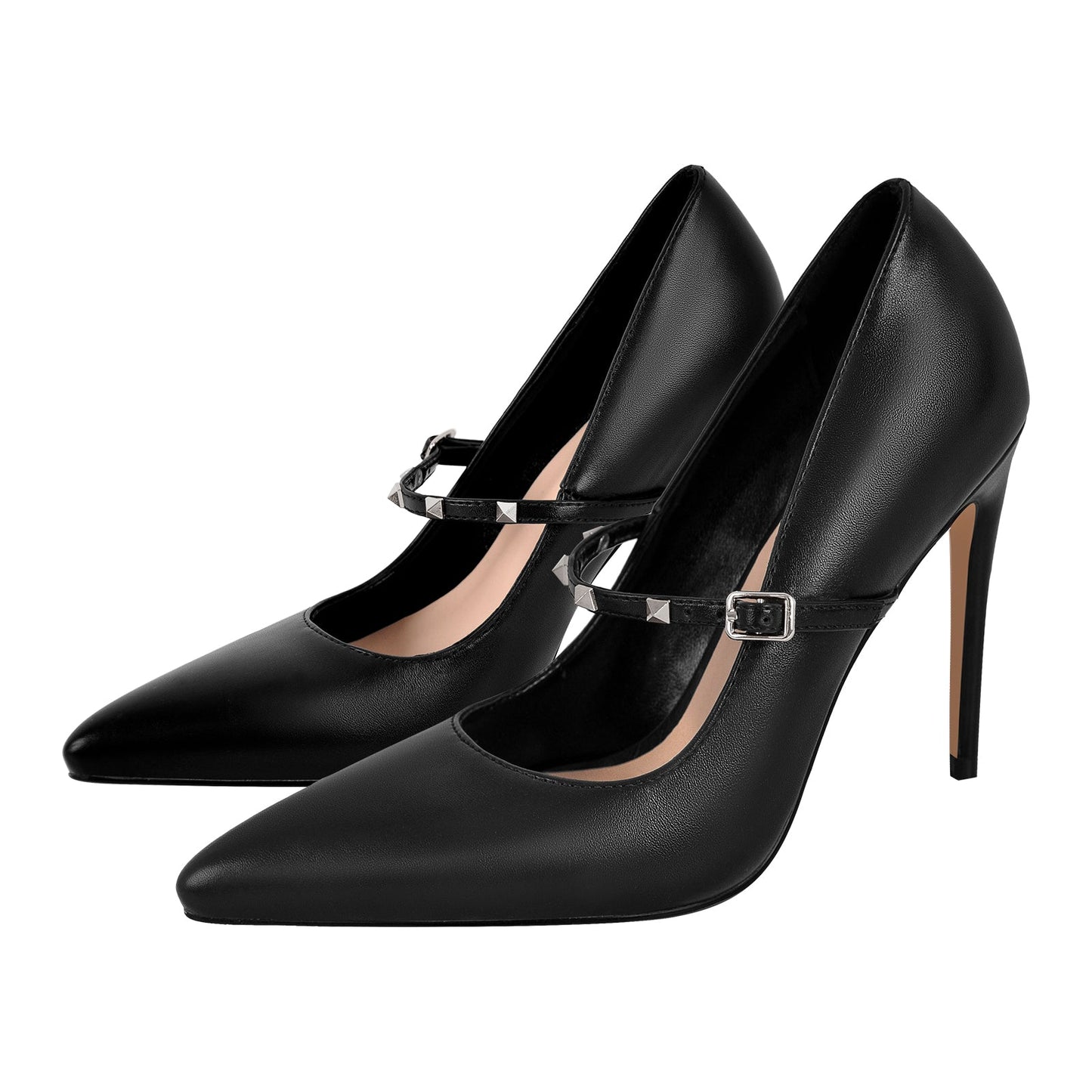 Pointed Toe Rivet Strap Stiletto Pumps