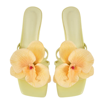 Flower Square Toe Chunky Heel Sandals Mules