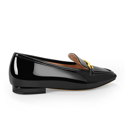 Square Toe Metal Chain Patent Leather Loafer Flats