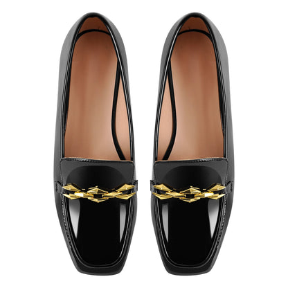 Square Toe Metal Chain Patent Leather Loafer Flats