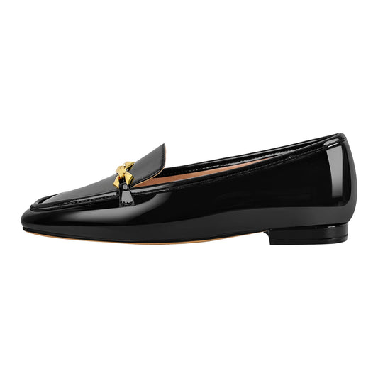 Square Toe Metal Chain Patent Leather Loafer Flats