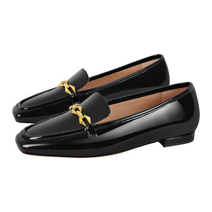 Square Toe Metal Chain Patent Leather Loafer Flats