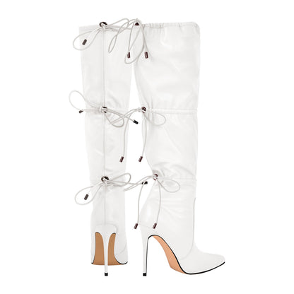 Pointed Toe Lace-up Stiletto Knee High Boots