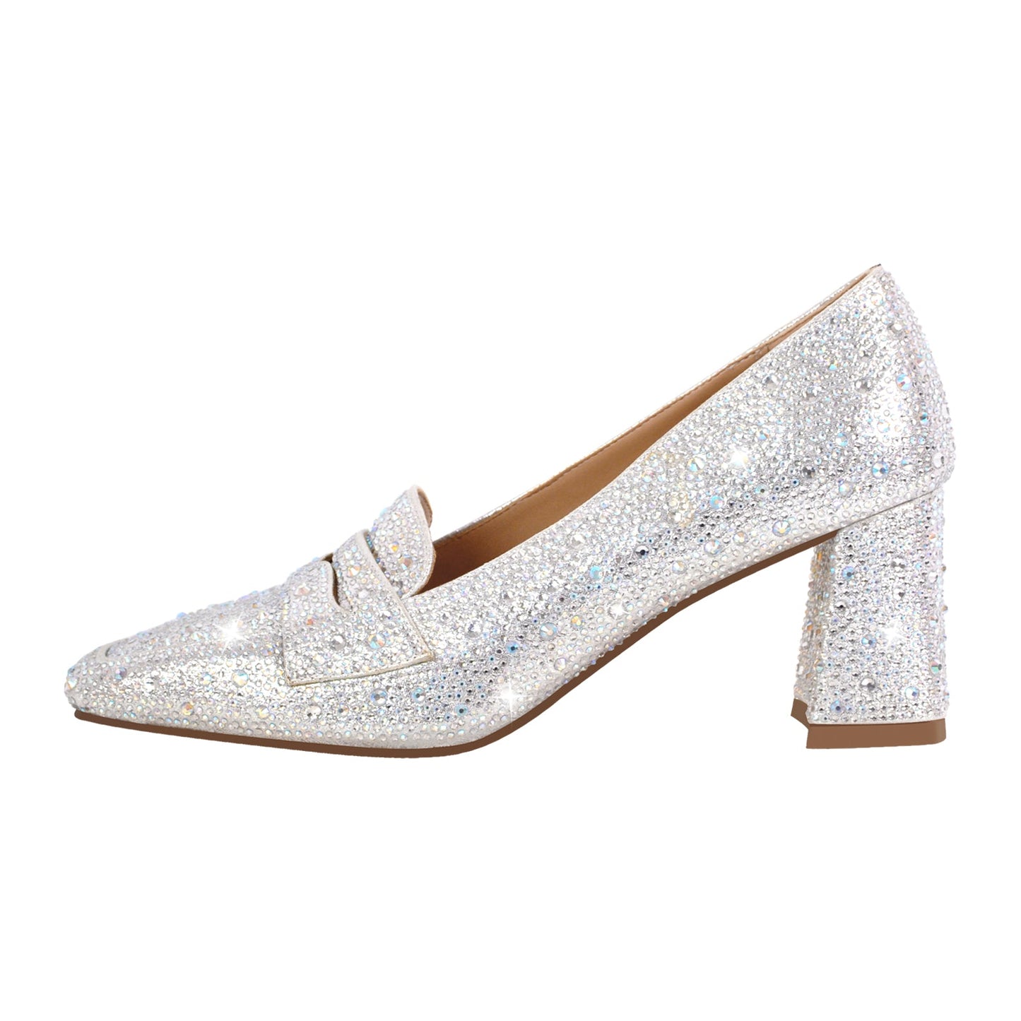 Silver Rhinestone Square Toe Chunky Heel Pumps