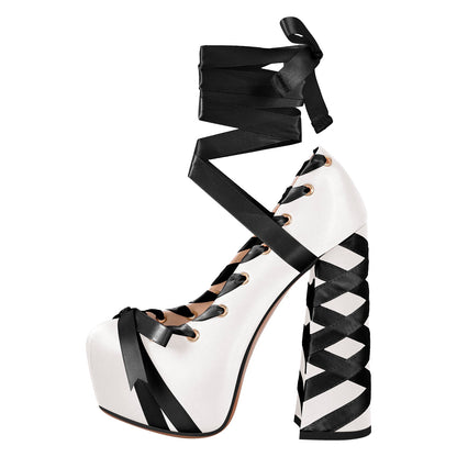 Bow Lolita Platform Lace-up Chunky Heel Pumps