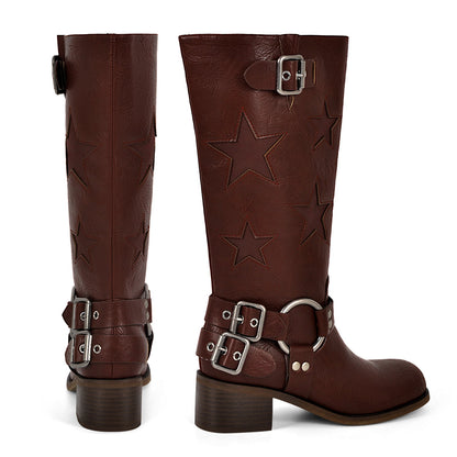 Star Square Toe Buckle Knee High Boots