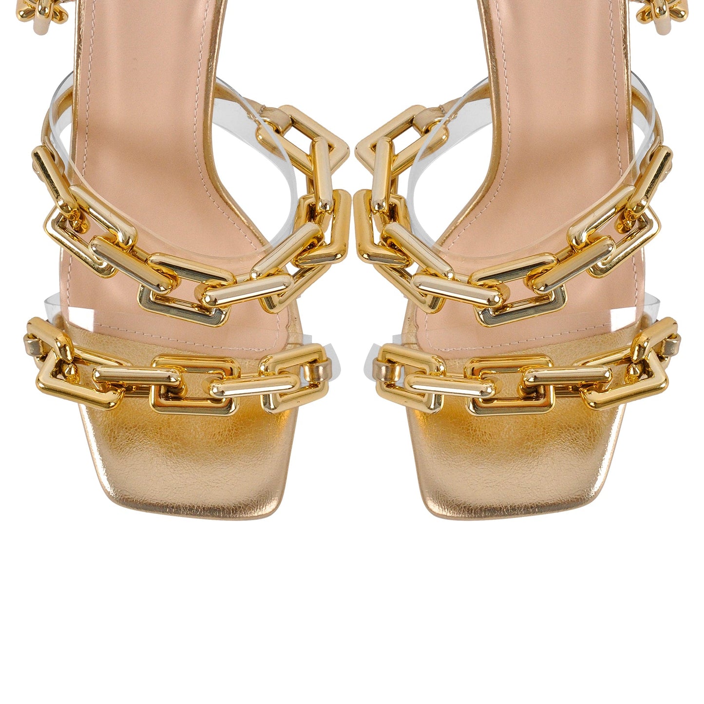 Gold Square Toe Metal Chain Lace-up Stiletto Sandals