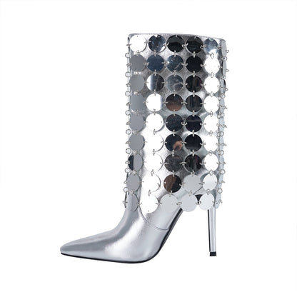 Pointed Toe Sequins Stiletto Fold Over Boots