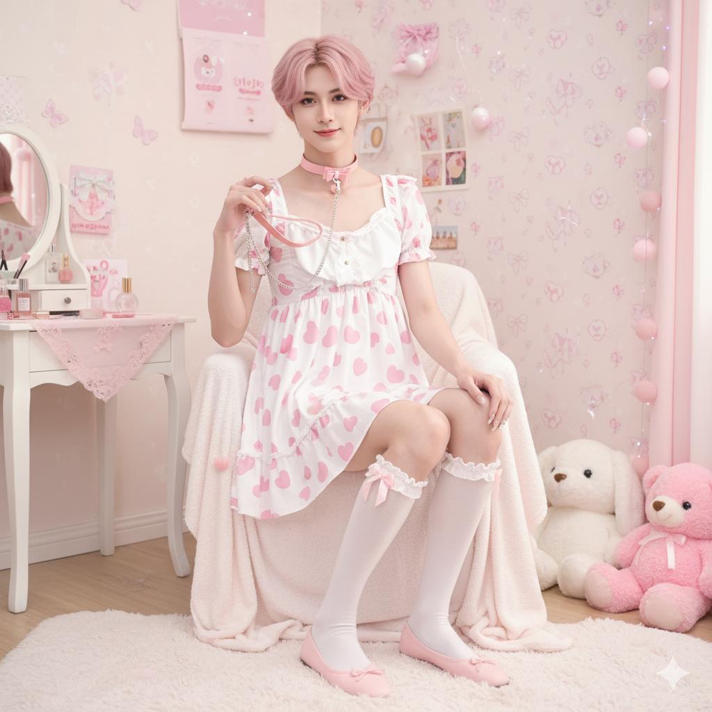 Adorable Pink Bow Sissy Pet Play Choker with Matching Leash ♡