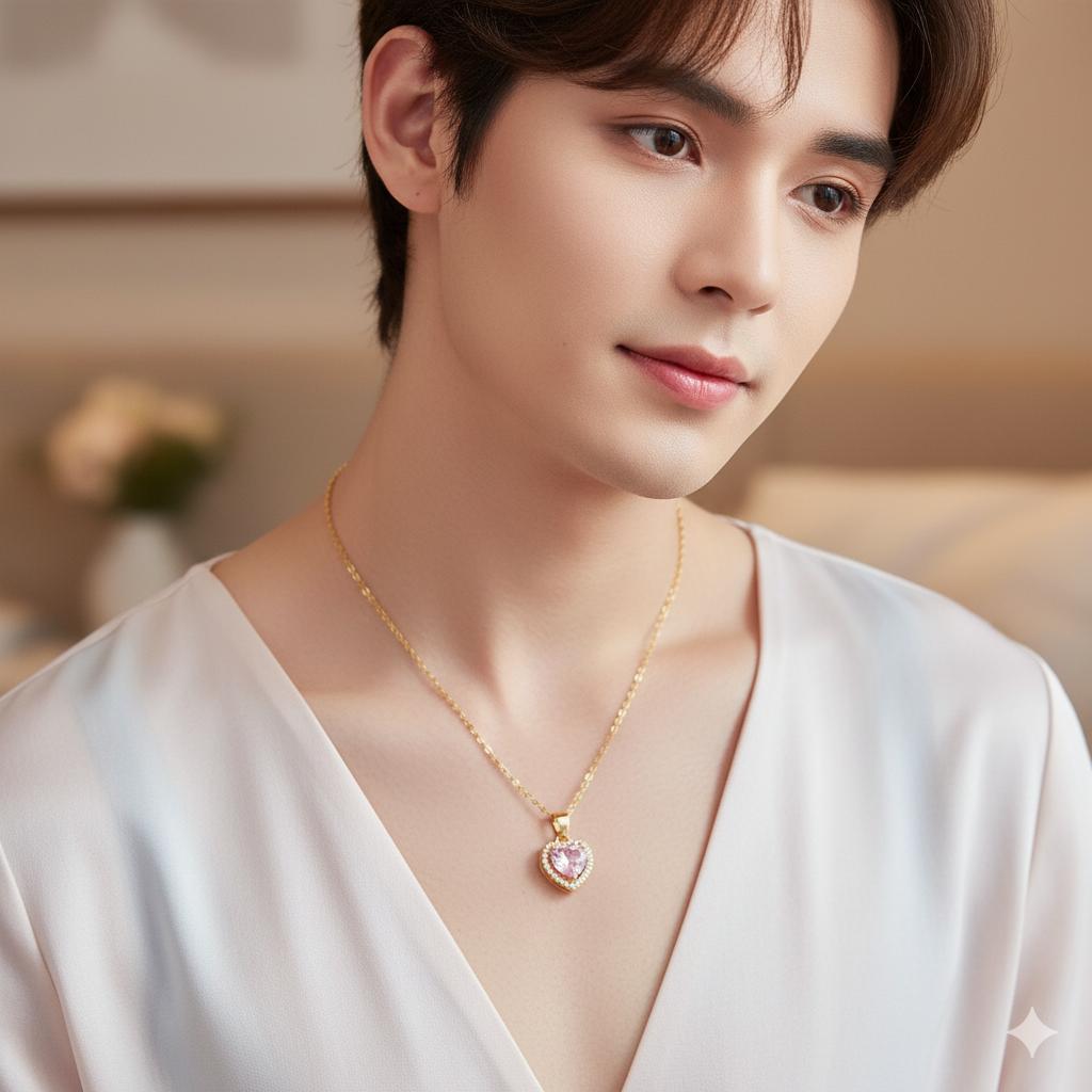 Gold Sissy Heart Pendant – Pink Crystal Feminization Necklace